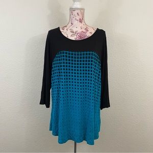 B.L.E.U. sz:2X Teal & Black Top 3/4th Sleeved Geometric Square Patterned Blouse
